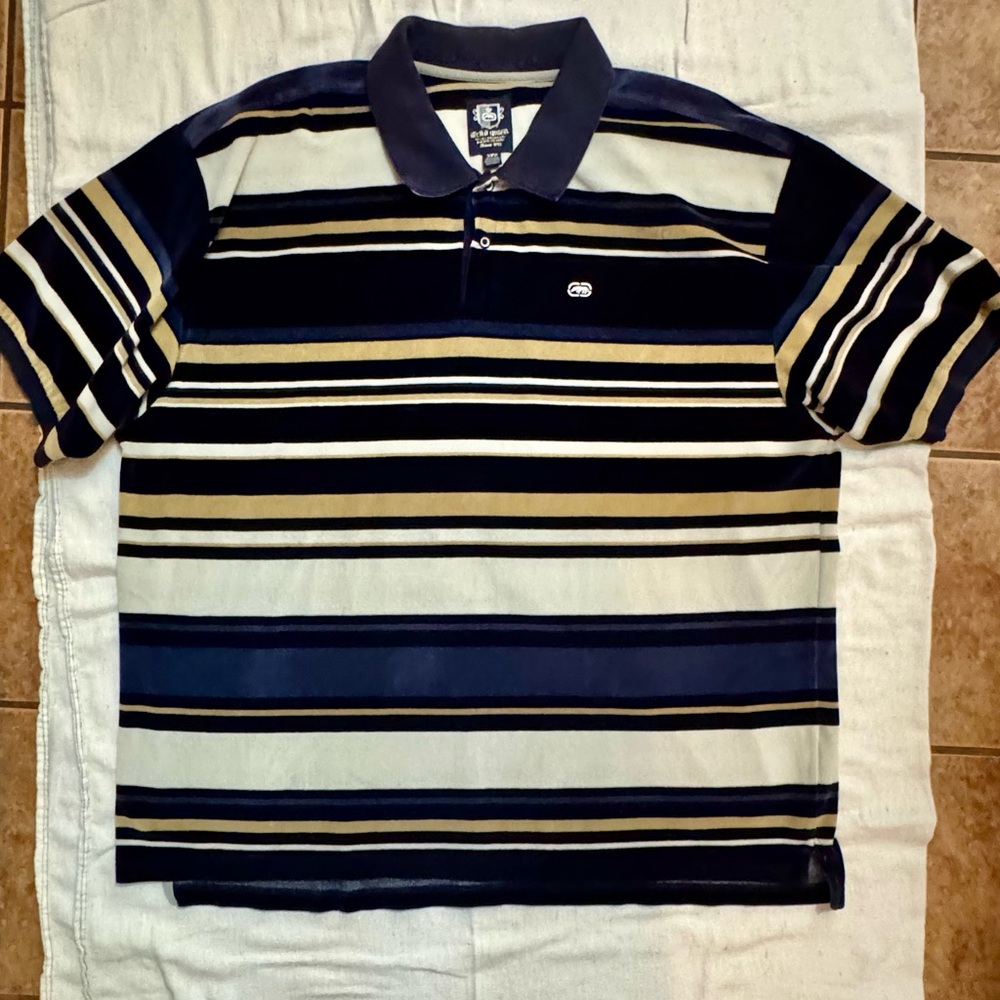 Striped Polo Shirt - Navy, Gold, and White